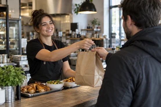 Remise d’une commande à emporter dans un restaurant