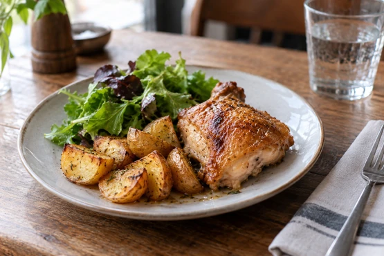 Une assiette de poulet rôti avec pommes de terre et salade sur une table en bois