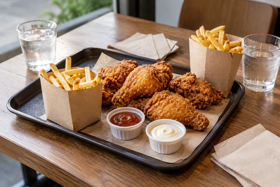 Un plateau de poulet avec deux portions de frites, des sauces et deux verres d’eau