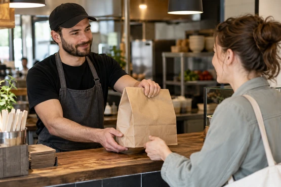 Un employé remet un sac kraft fermé à une cliente au comptoir d’un restaurant
