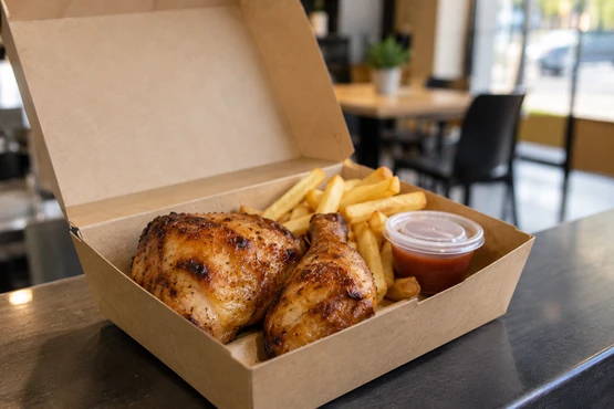 Une boîte kraft ouverte contient du poulet grillé, des frites et un pot de sauce fermé