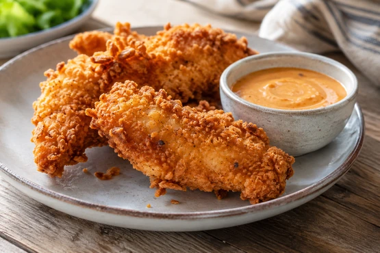 Un gros plan de poulet pané montre les reliefs de la croûte près d’une coupelle de sauce