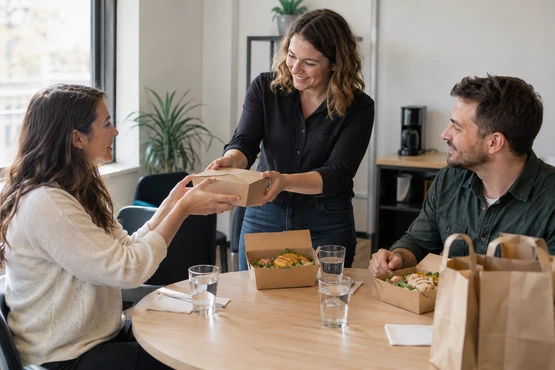 Trois adultes répartissent des boîtes de repas au poulet lors d’une pause déjeuner