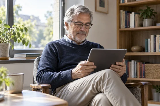 Homme consultant une tablette dans un espace de lecture près d’une fenêtre