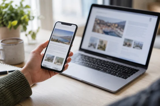 Main tenant un smartphone devant un ordinateur portable sur un bureau