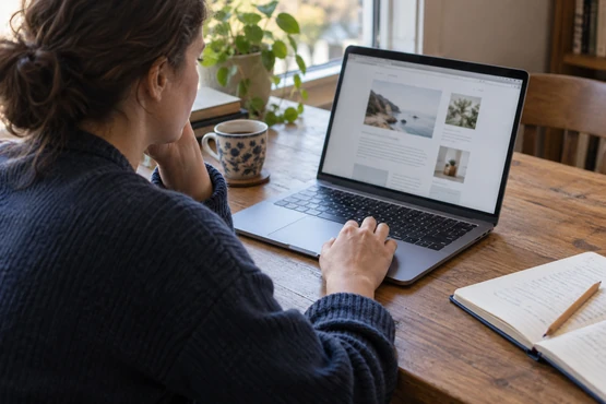 Une personne consulte des ressources en ligne sur un ordinateur portable, avec un carnet à côté.
