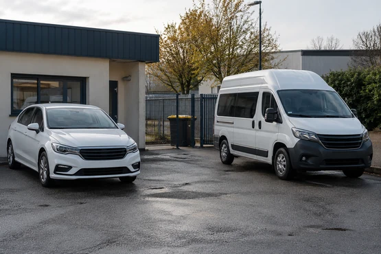 Une voiture blanche et un véhicule haut de transport stationnés dans une même cour.