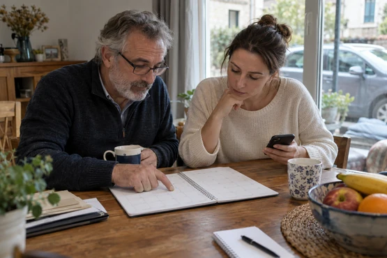 Deux personnes consultent un planning à table pour organiser leurs déplacements.