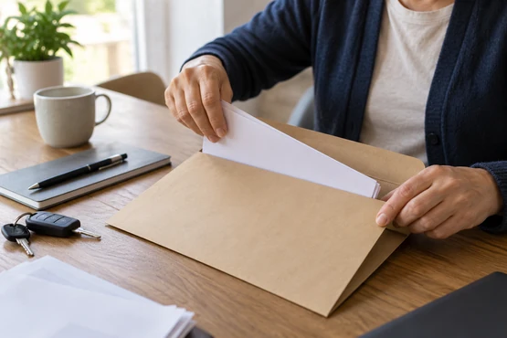 Des mains rangent des papiers dans une pochette kraft à côté d’un stylo et de clés.