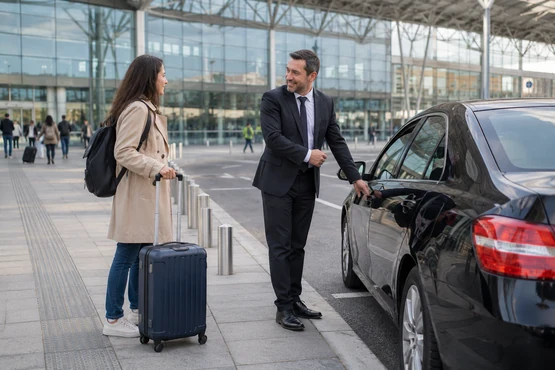 Un voyageur avec une valise rejoint un conducteur devant une grande façade vitrée.