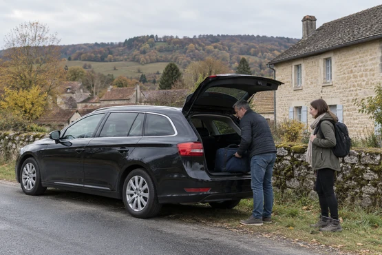 Un break sombre, deux voyageurs et un bagage au bord d’une route dans un village de collines.