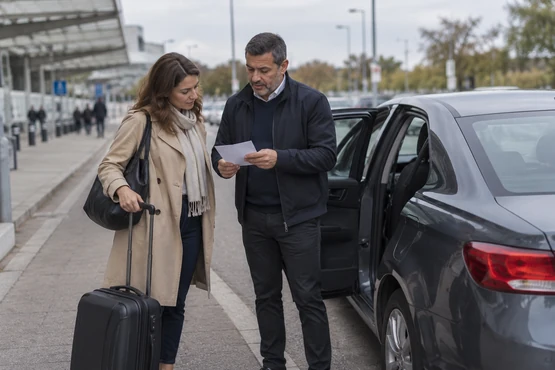 Un conducteur et un passager relisent un papier près d’une voiture et d’une valise.