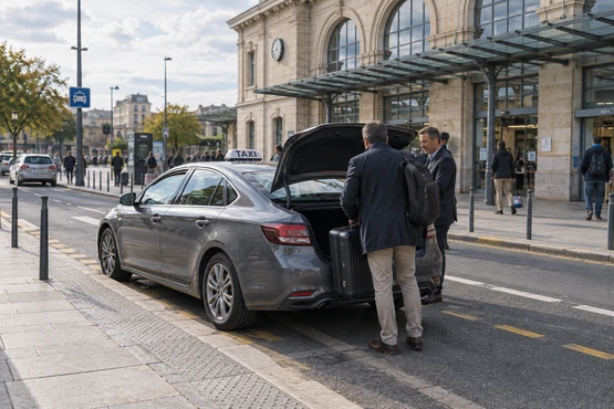 Taxi gris stationné sur une zone de dépose près d’une gare, à côté d’un voyageur avec une valise.