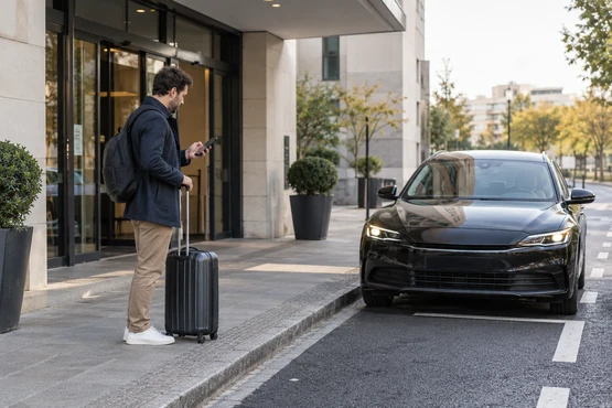 Un voyageur consulte son téléphone près d’une voiture sombre et d’une entrée moderne.