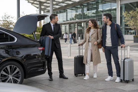 Deux voyageurs avec leurs valises rencontrent un conducteur devant un terminal vitré.
