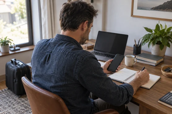 Une personne organise un trajet avec un carnet et un téléphone sur son bureau.