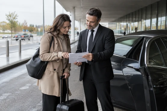 Un voyageur et un conducteur consultent un document près d’une voiture et d’une valise.