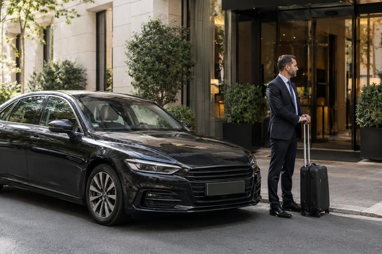 Chauffeur privé près d’une berline sombre devant un hôtel contemporain, avec une valise posée à proximité.