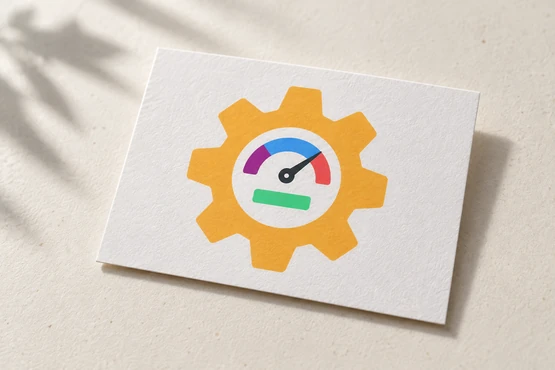 Carte mate portant un engrenage jaune et un cadran coloré, posée sur un bureau