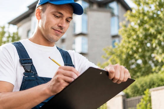 Professionnel en salopette et casquette bleues prenant des notes sur une planchette