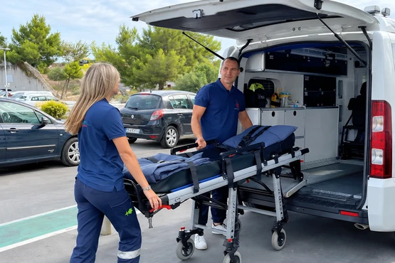 Deux ambulanciers en tenue bleue auprès d’une civière vide et d’une ambulance ouverte