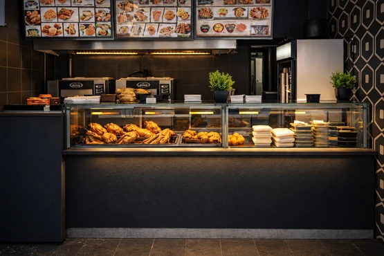 Comptoir de restauration présentant du poulet, des emballages et une carte illustrée