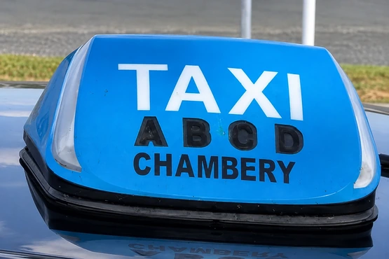 Gros plan d’un lumineux taxi bleu portant une référence à Chambéry.